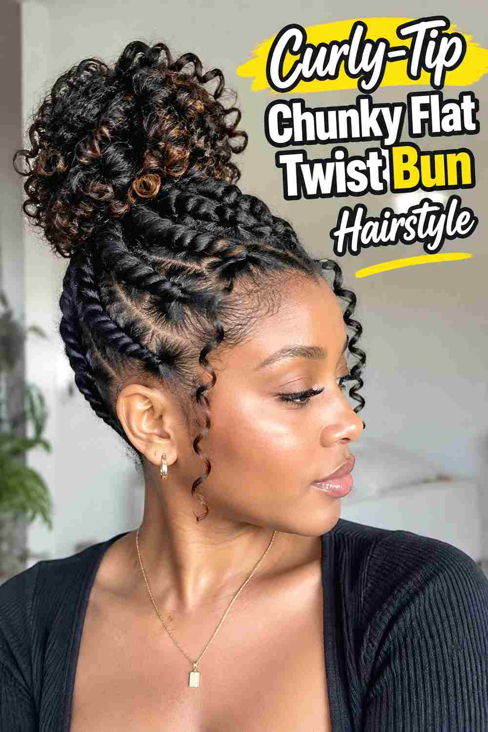 12. Curly Tip Chunky Flat Twist Bun Hairstyle