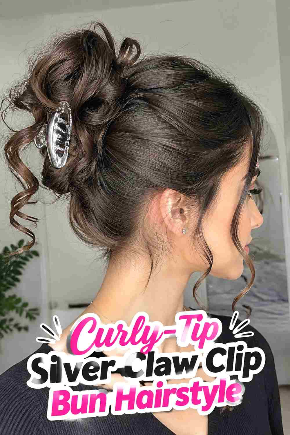 16. Curly Tip Silver Claw Clip Bun Hairstyle