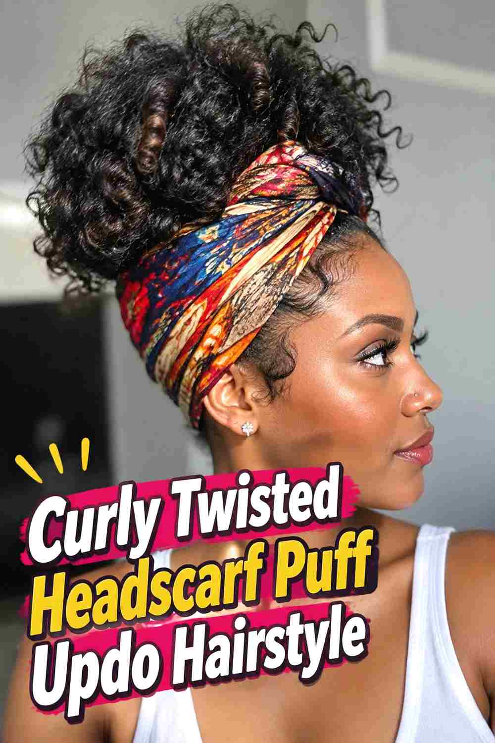 9. Curly Twisted Headscarf Puff Updo Hairstyle