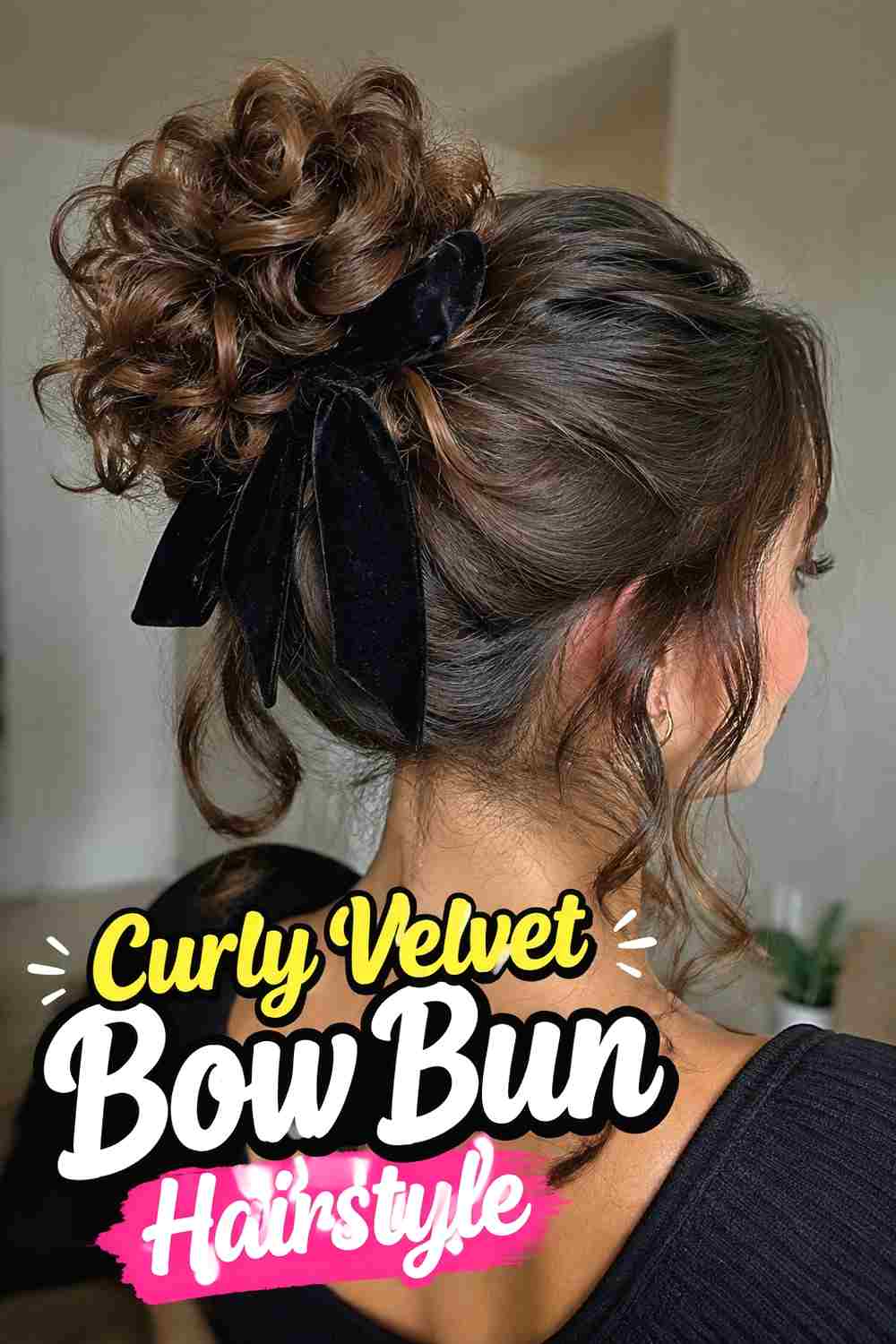 8. Curly Velvet Bow Bun Hairstyle