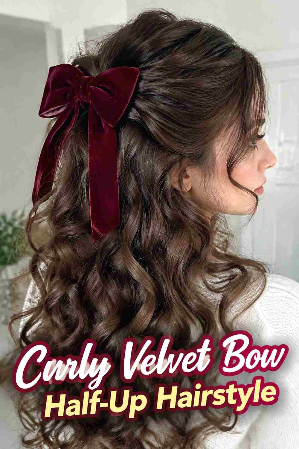 3. Curly Velvet Bow Half Up Hairstyle