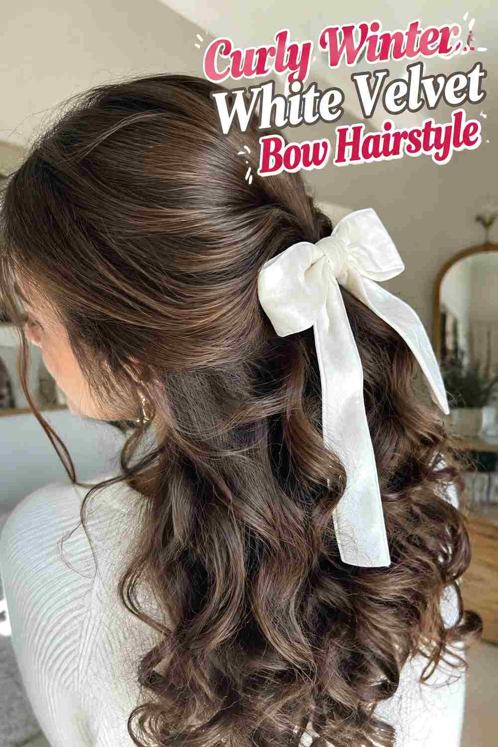 6. Curly Winter White Velvet Bow Hairstyle