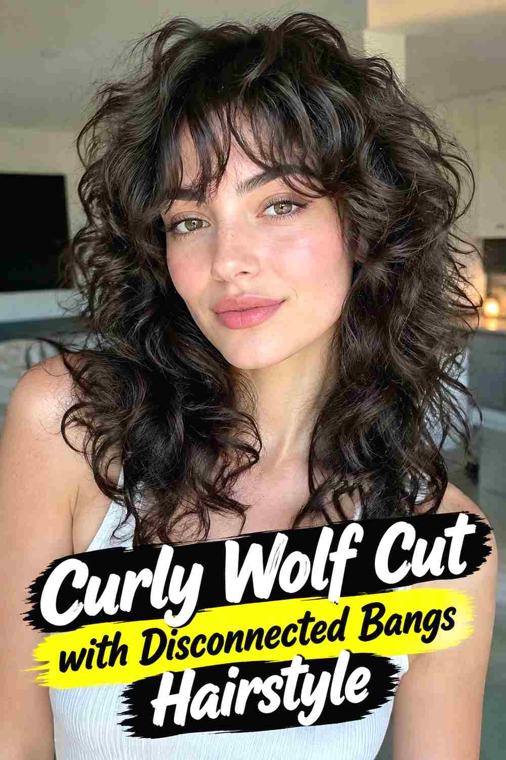 4. Curly Wolf Cut With Disconnected Bangs Hairstyle