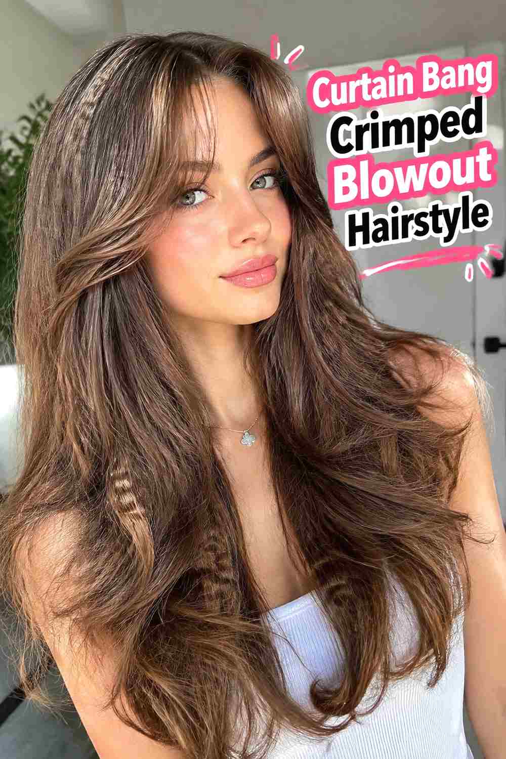 5. Curtain Bang Crimped Blowout Hairstyle