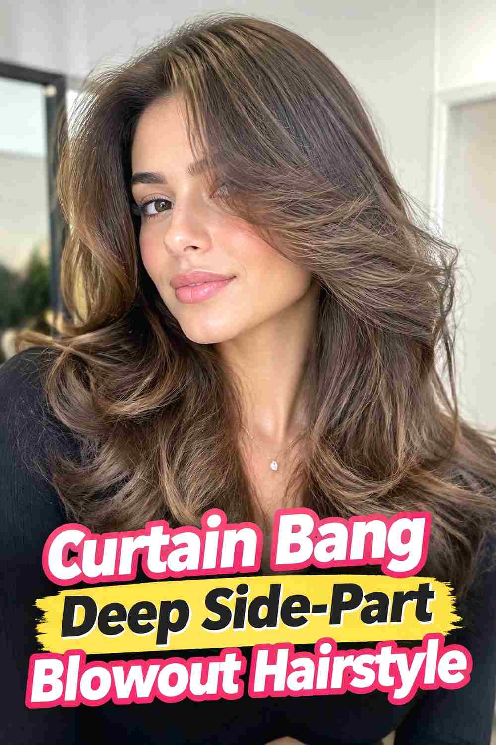 5. Curtain Bang Deep Side Part Blowout Hairstyle