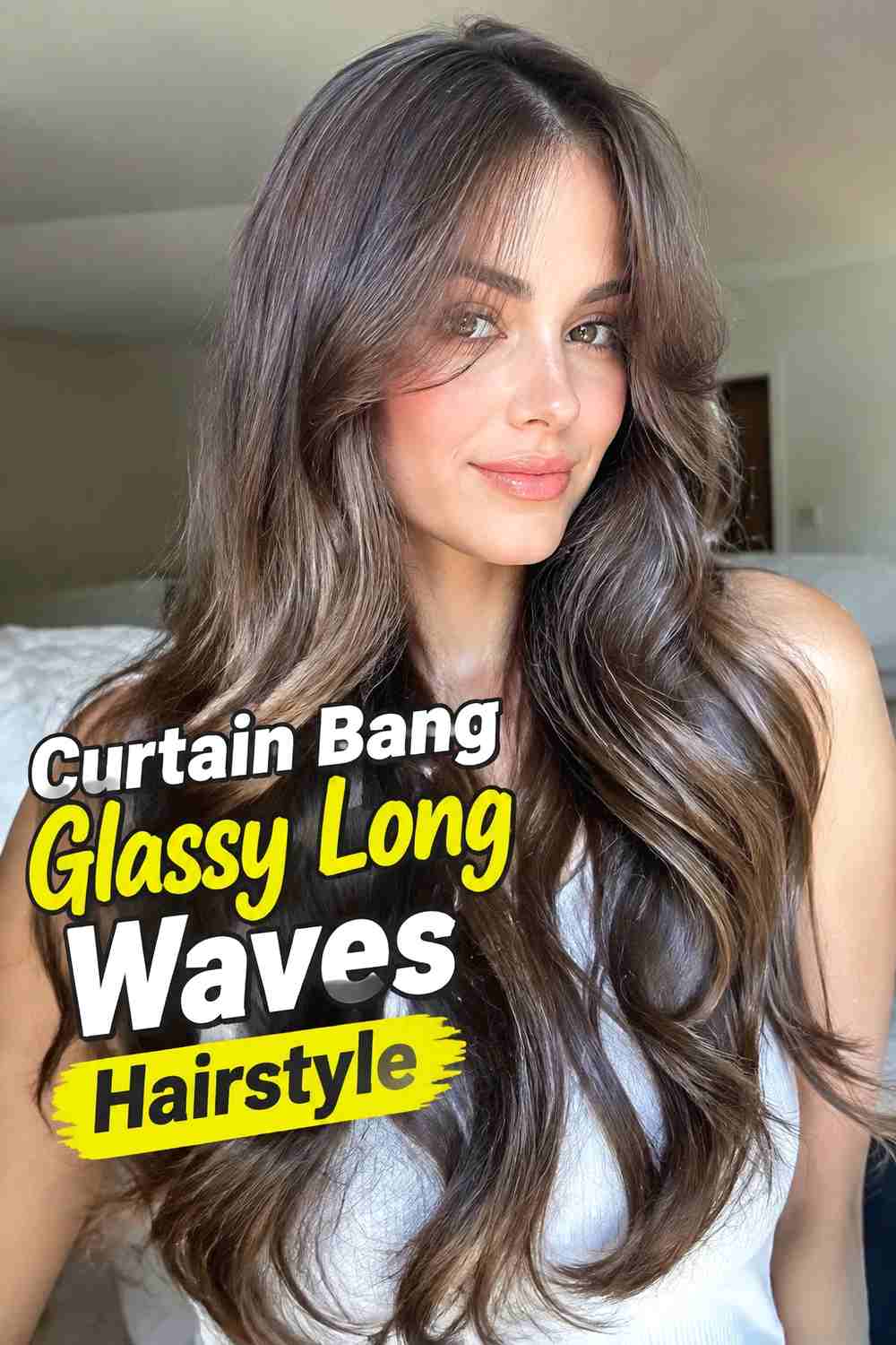 9. Curtain Bang Glassy Long Waves Hairstyle