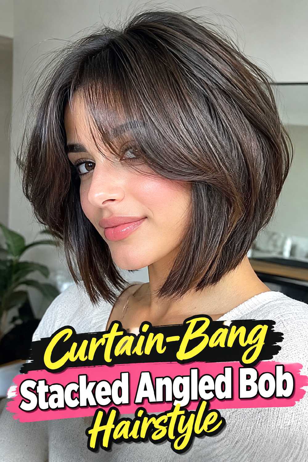 Curtain-Bang Stacked Angled Bob Hairstyle