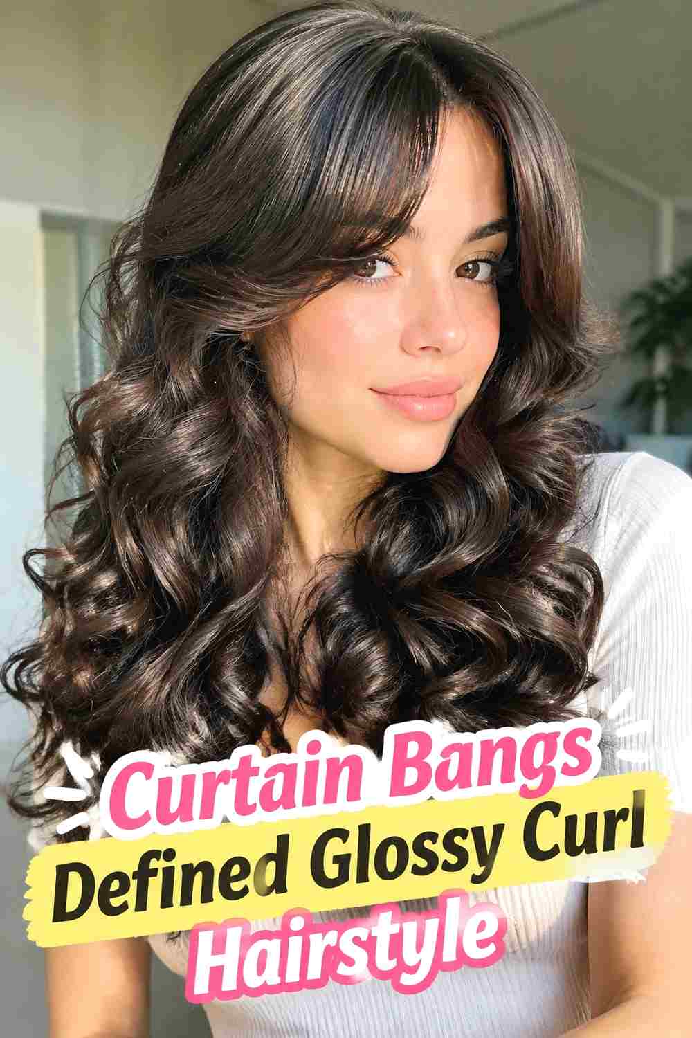 14. Curtain Bangs Defined Glossy Curl Hairstyle
