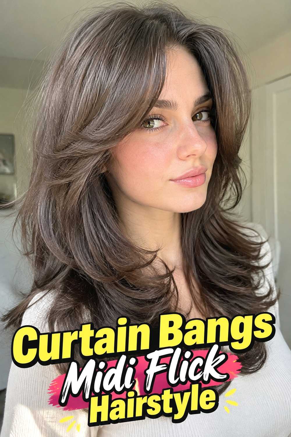 4. Curtain Bangs Midi Flick Hairstyle