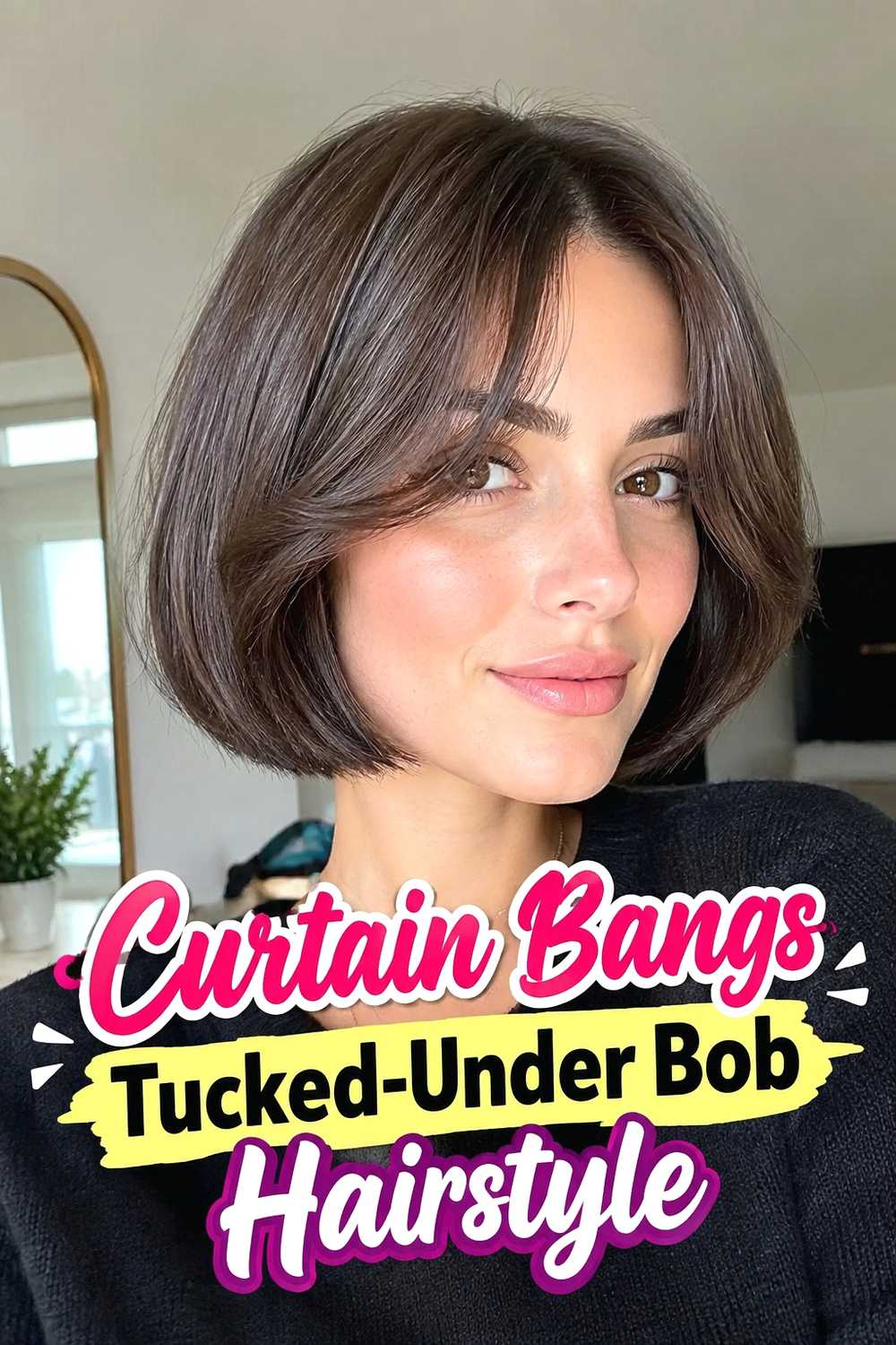 10. Curtain Bangs Tucked Under Bob Hairstyle