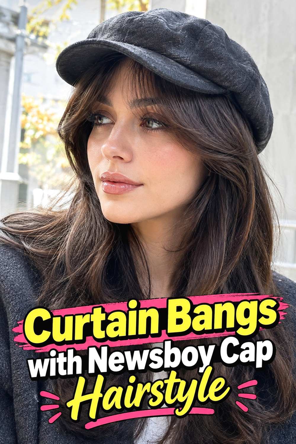 13. Curtain Bangs With Newsboy Cap Hairstyle