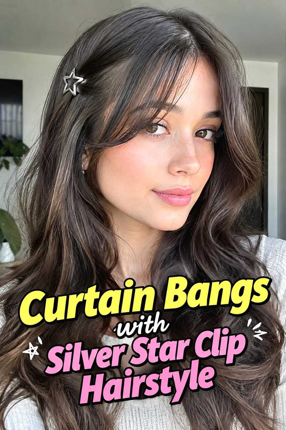 16. Curtain Bangs With Silver Star Clip Hairstyle
