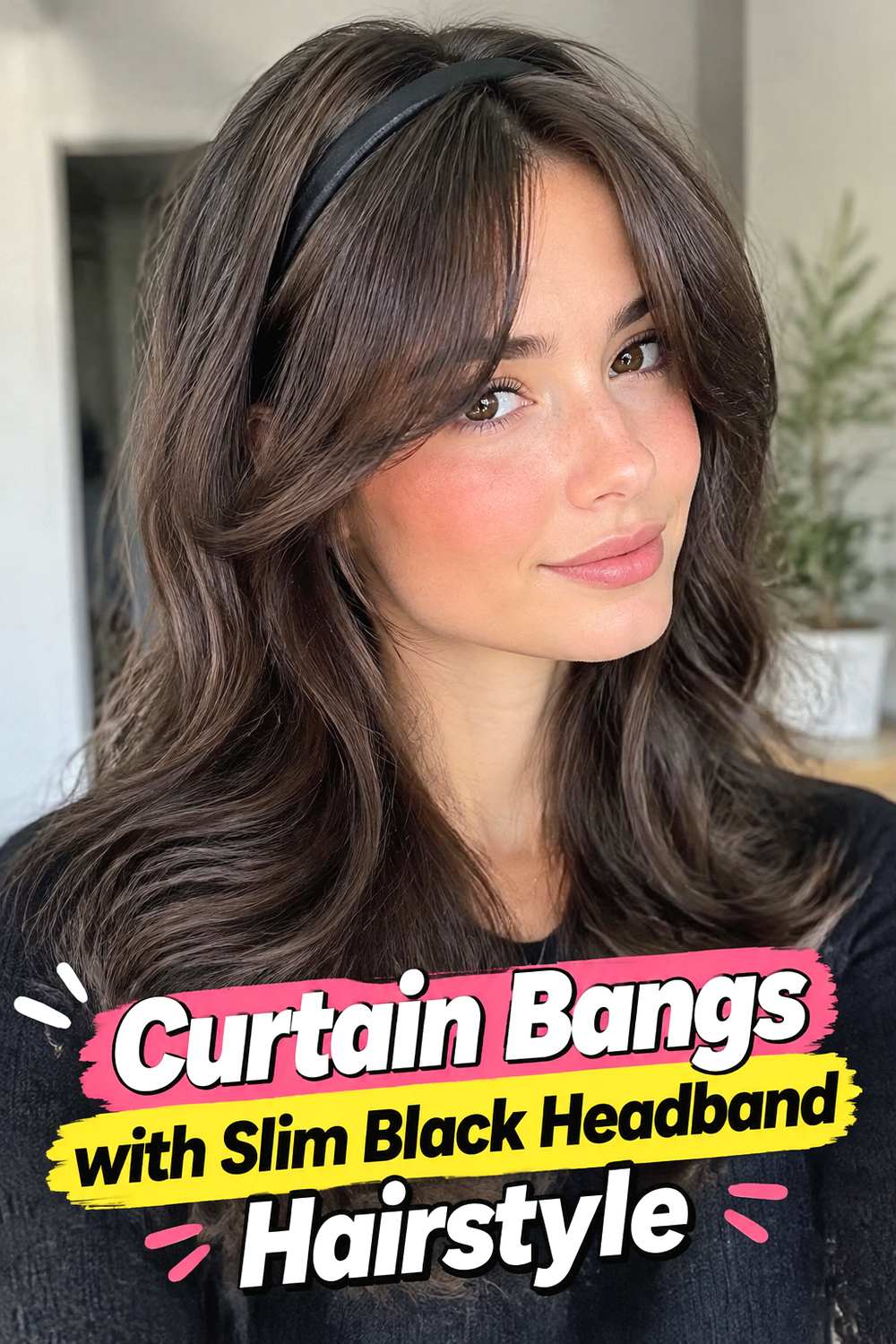 Curtain Bangs with Slim Black Headband Hairstyle