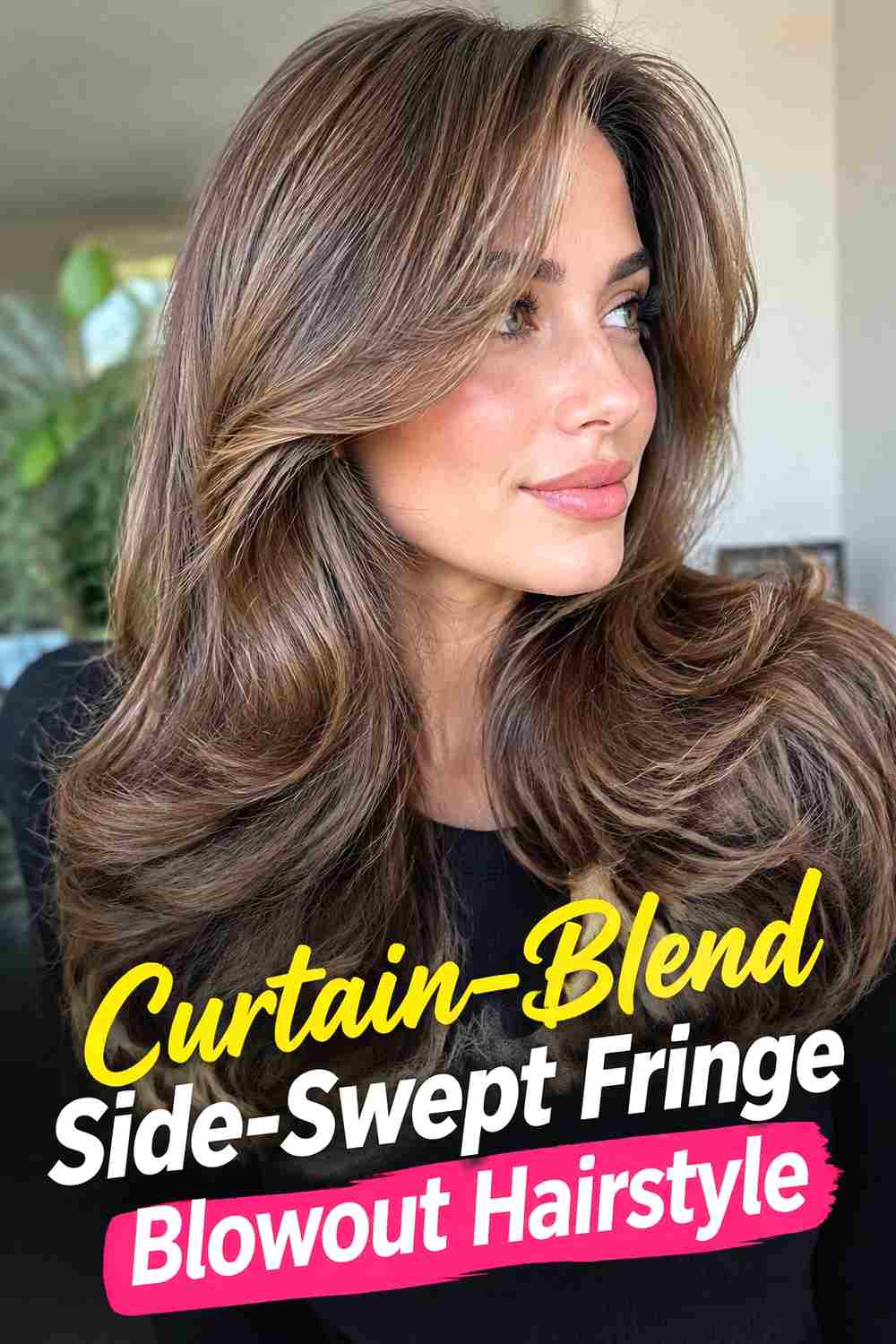 8. Curtain Blend Side Swept Fringe Blowout Hairstyle