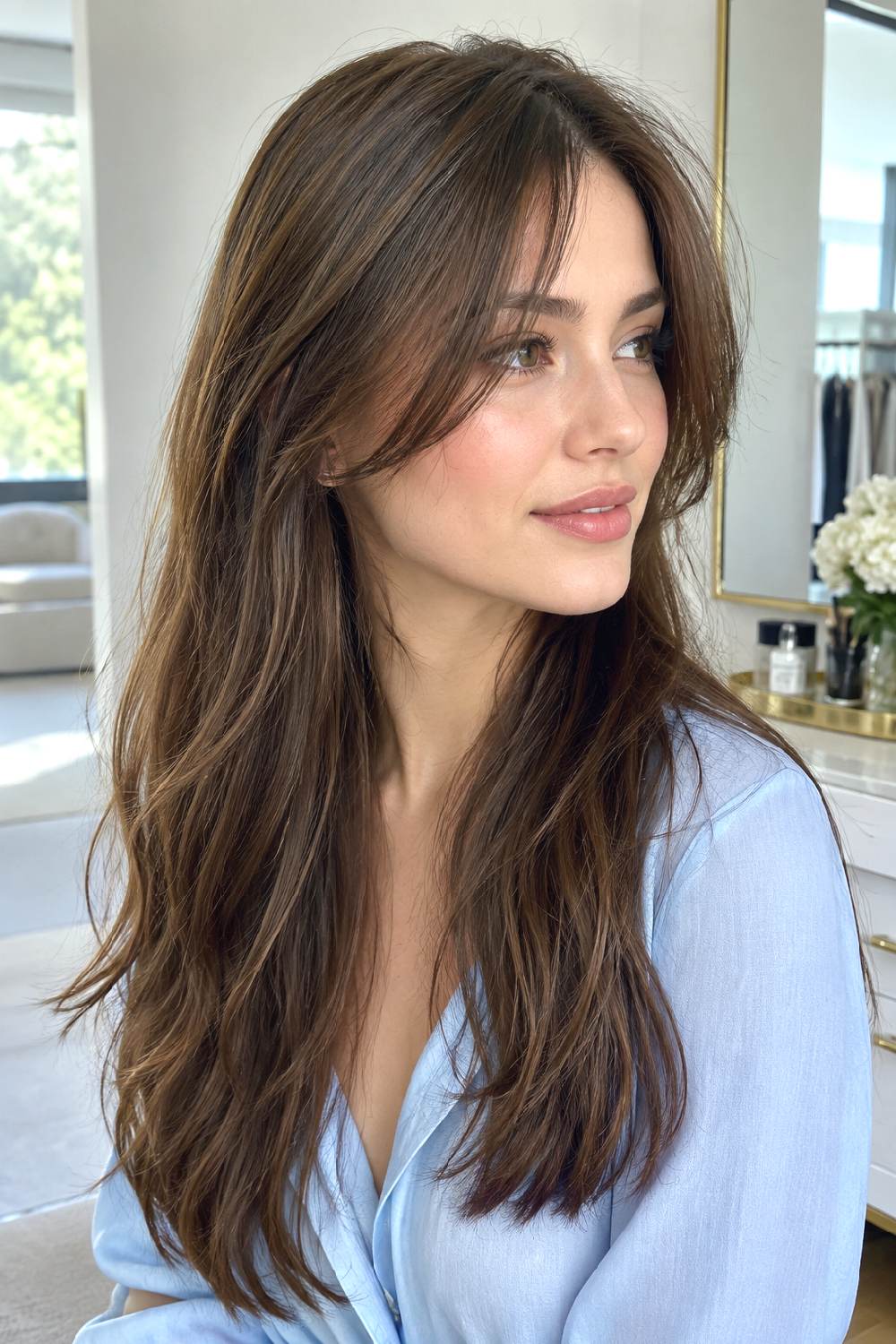 Curtain-Blended French Wispy Bangs Hairstyle