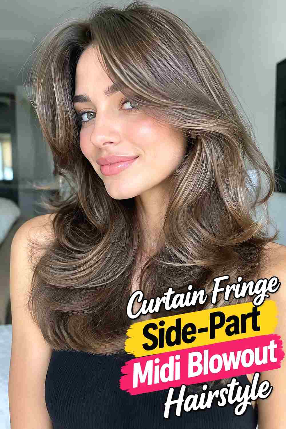 9. Curtain Fringe Side Part Midi Blowout Hairstyle