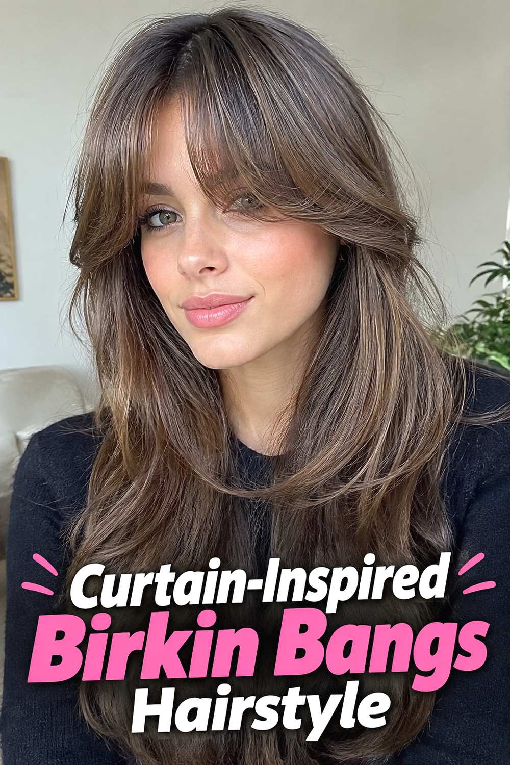 6. Curtain Inspired Birkin Bangs Hairstyle