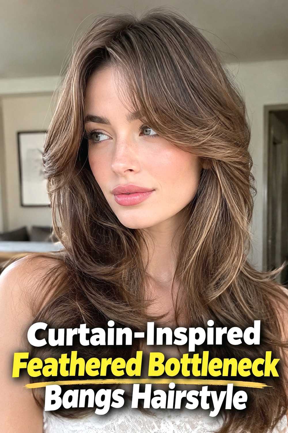 4. Curtain Inspired Feathered Bottleneck Bangs Hairstyle