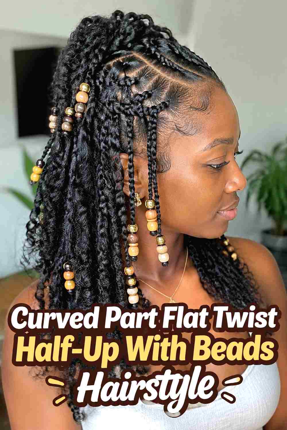 18. Curved Part Flat Twist Half Up With Beads Hairstyle