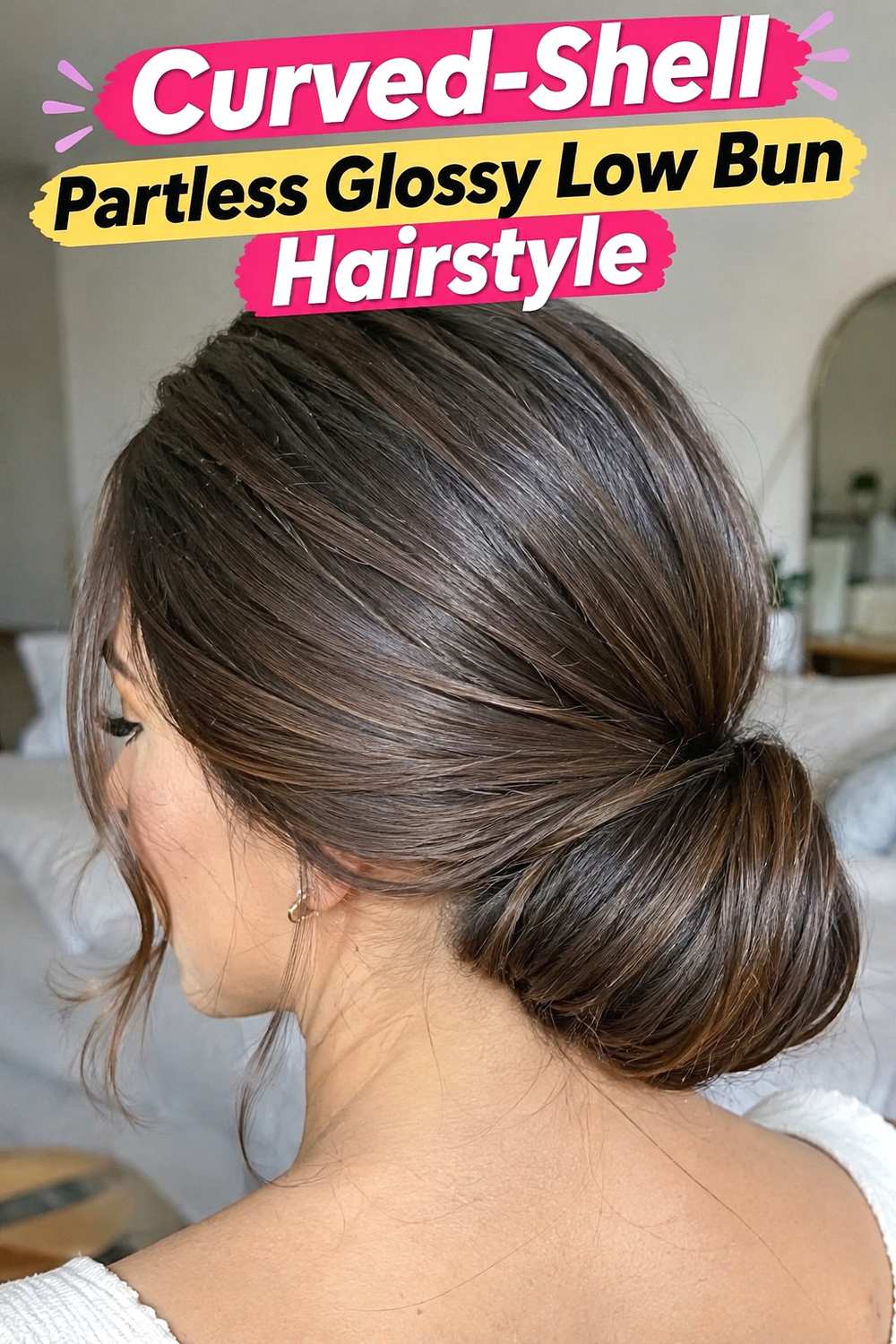 13. Curved Shell Partless Glossy Low Bun Hairstyle