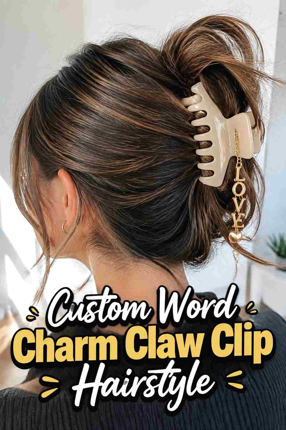 16. Custom Word Charm Claw Clip Hairstyle