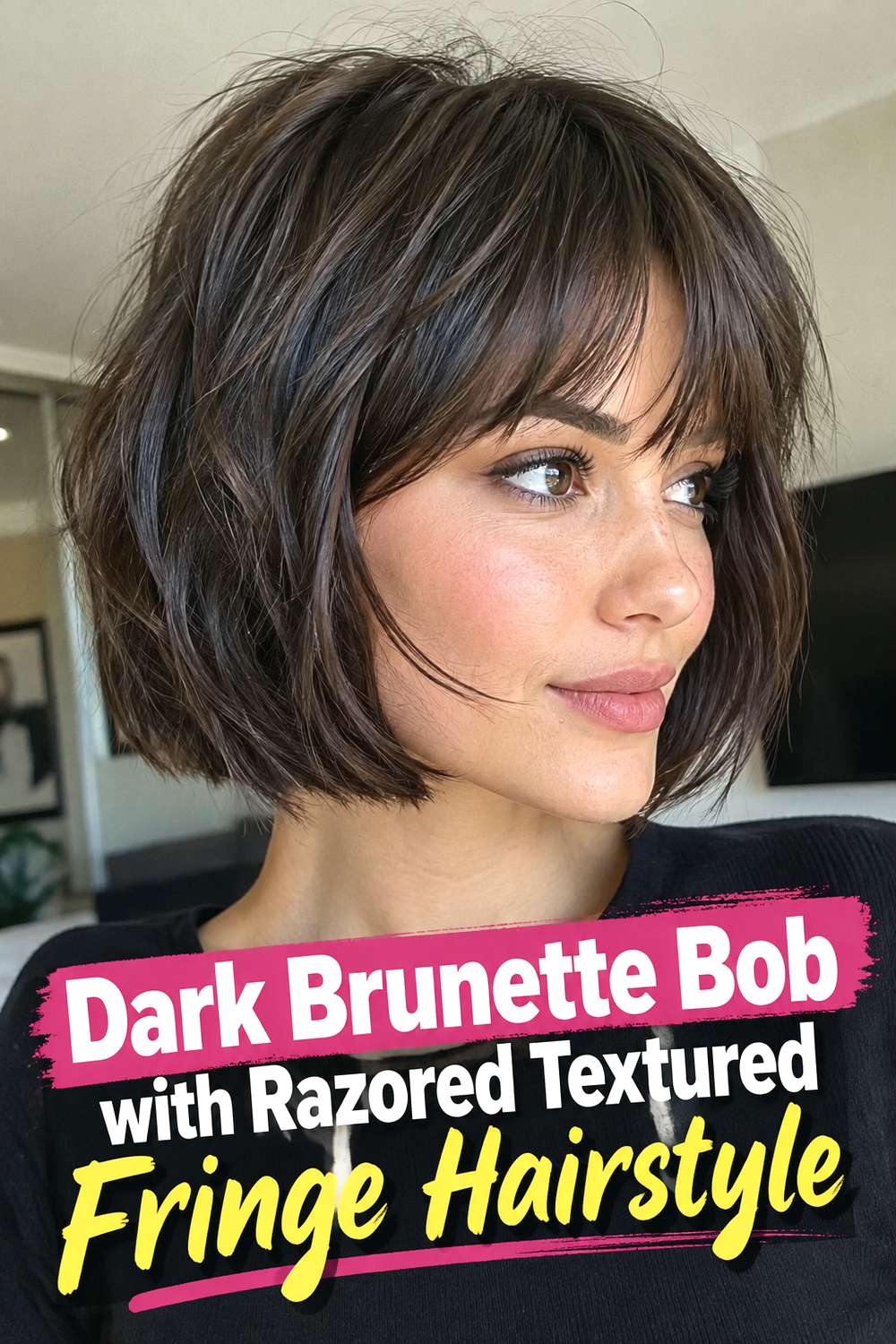 Dark Brunette Bob with Razored Textured Fringe Hairstyle