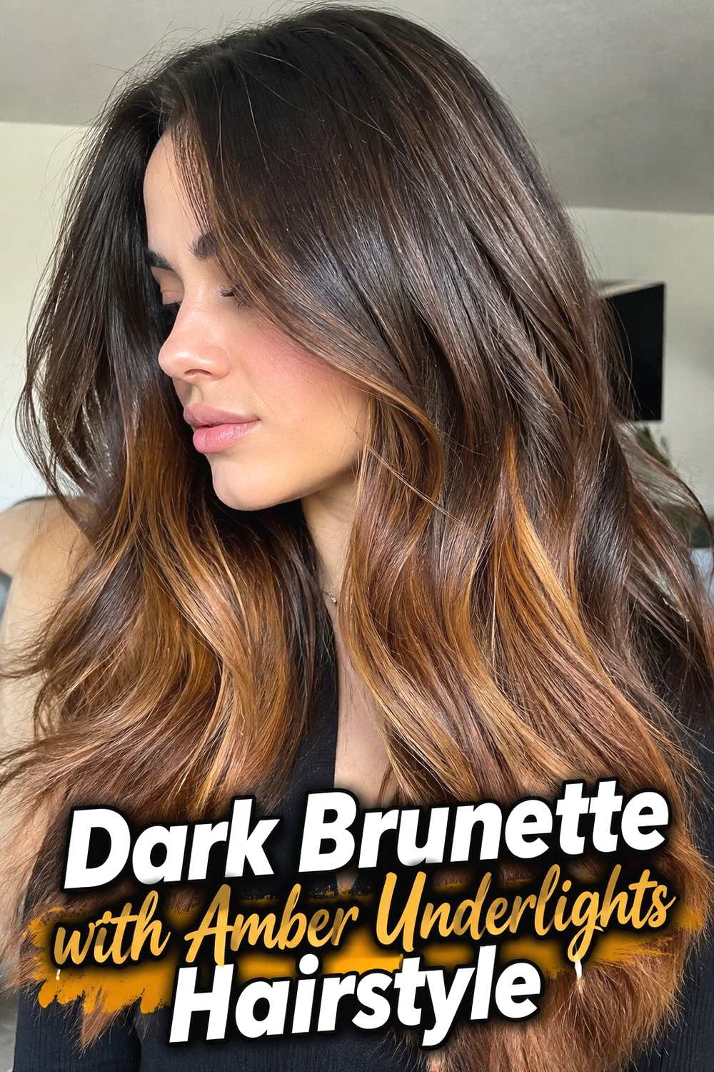 15. Dark Brunette With Amber Underlights Hairstyle