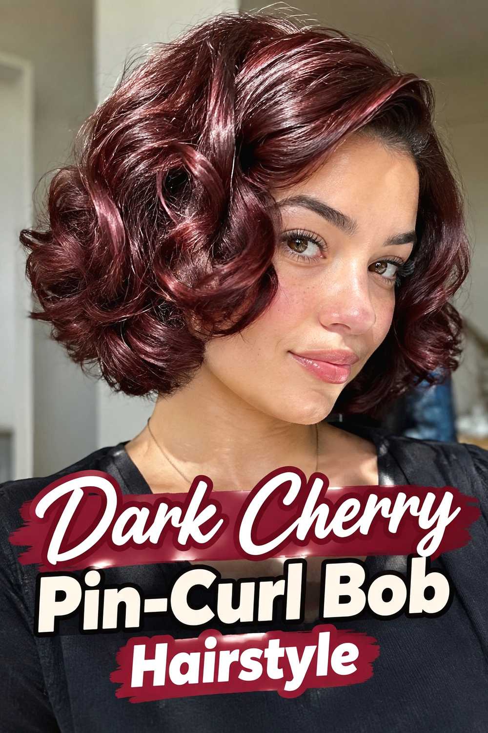 8. Dark Cherry Pin Curl Bob Hairstyle