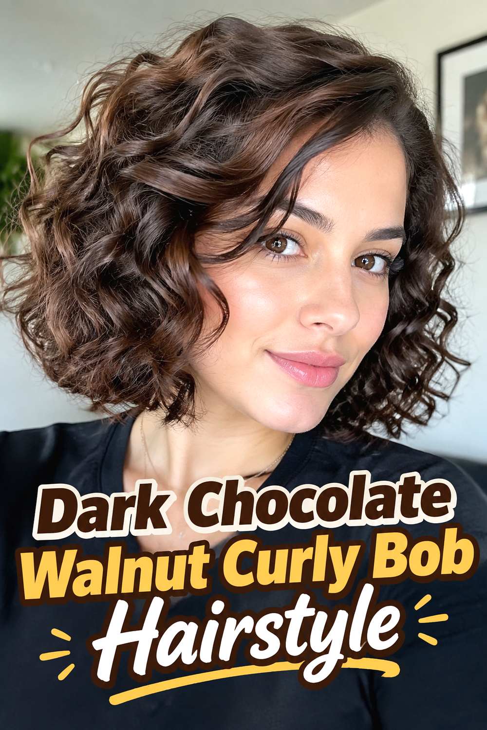 Dark Chocolate Walnut Curly Bob Hairstyle