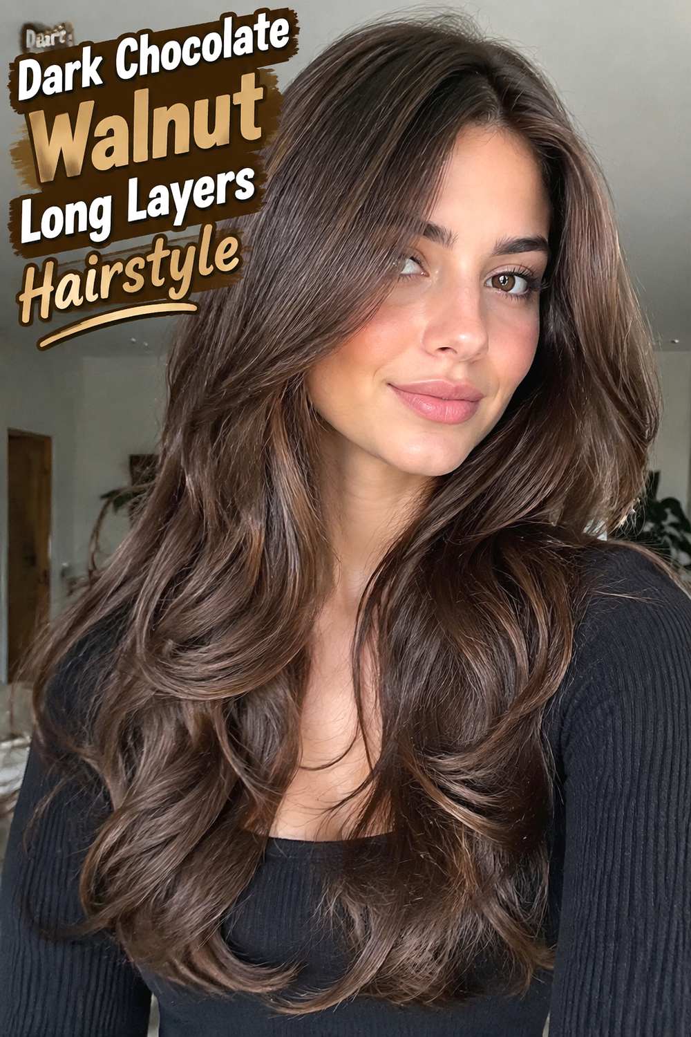 Dark Chocolate Walnut Long Layers Hairstyle