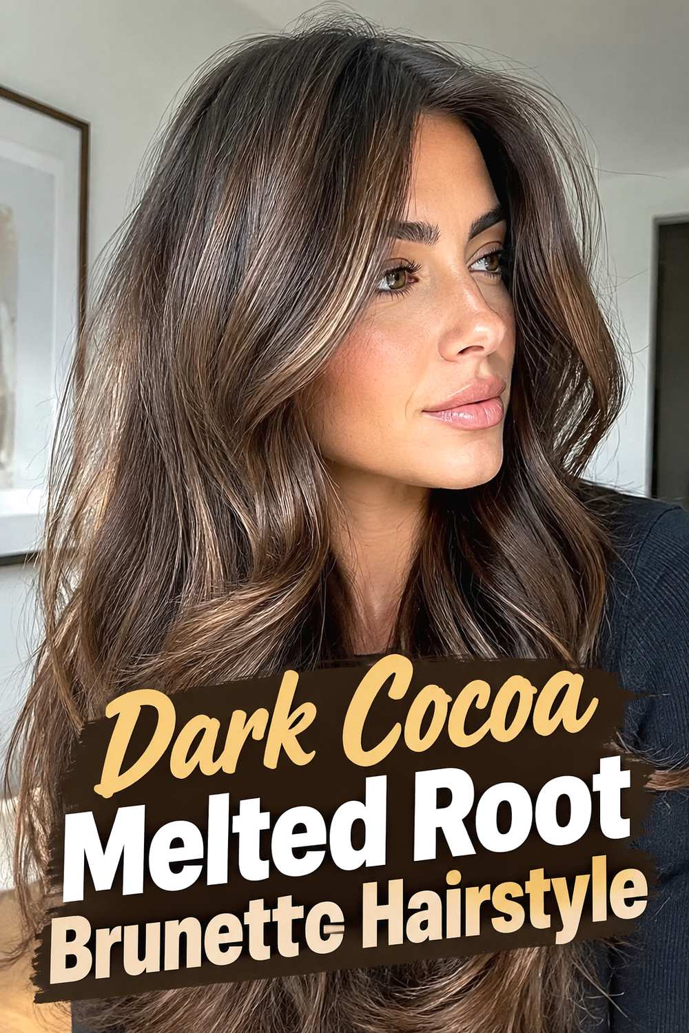 8. Dark Cocoa Melted Root Brunette Hairstyle