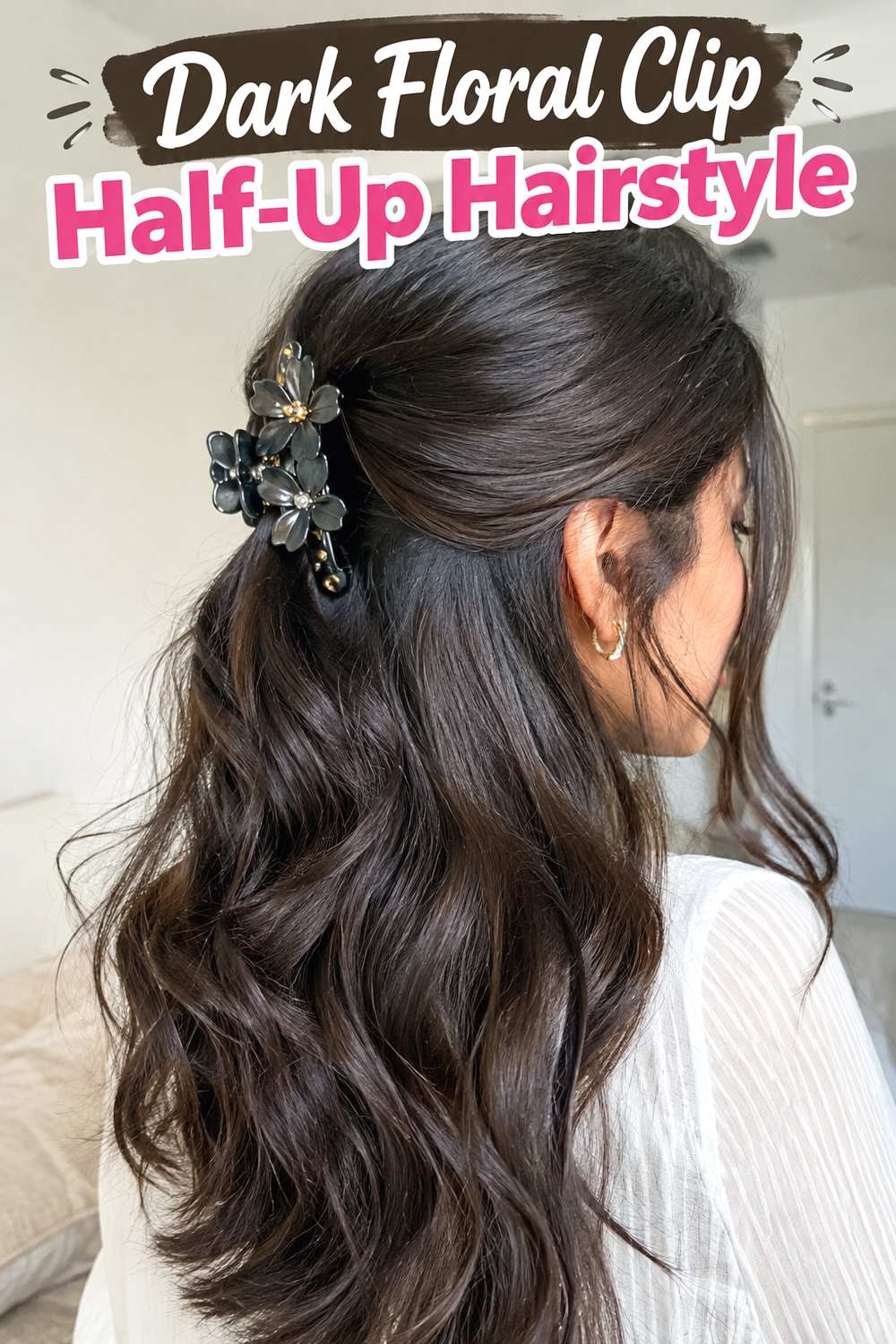 Dark Floral Clip Half-Up Hairstyle