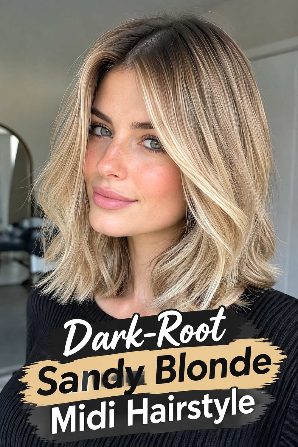 Dark-Root Sandy Blonde Midi Hairstyle