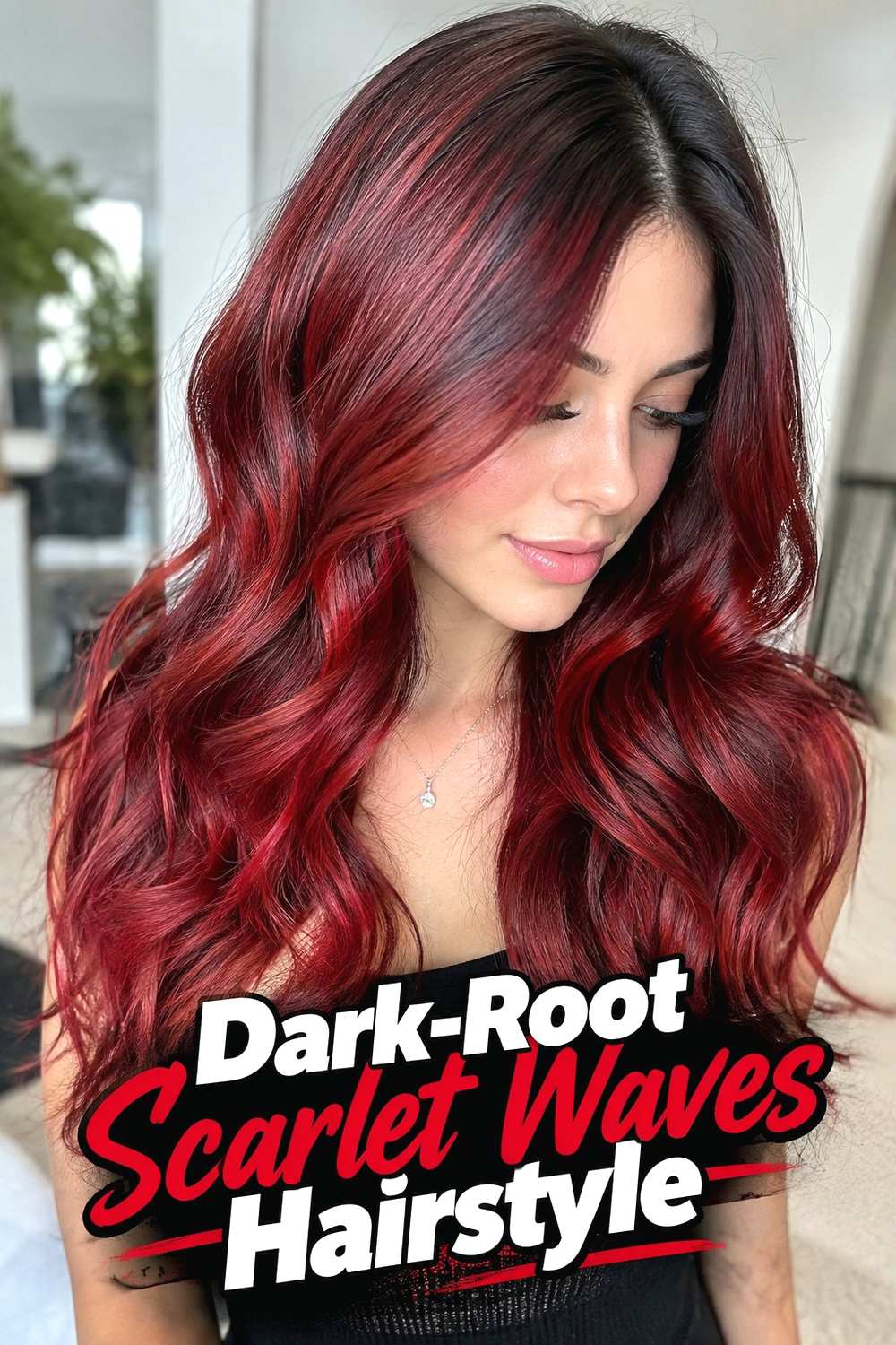 5. Dark Root Scarlet Waves Hairstyle
