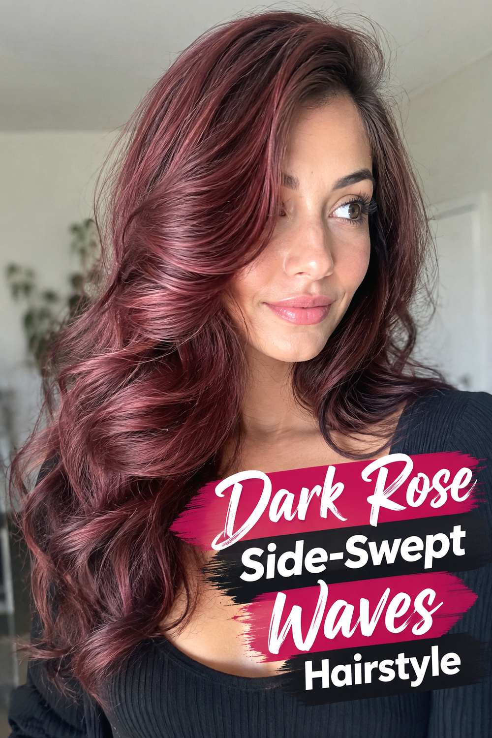 Dark Rose Side-Swept Waves Hairstyle