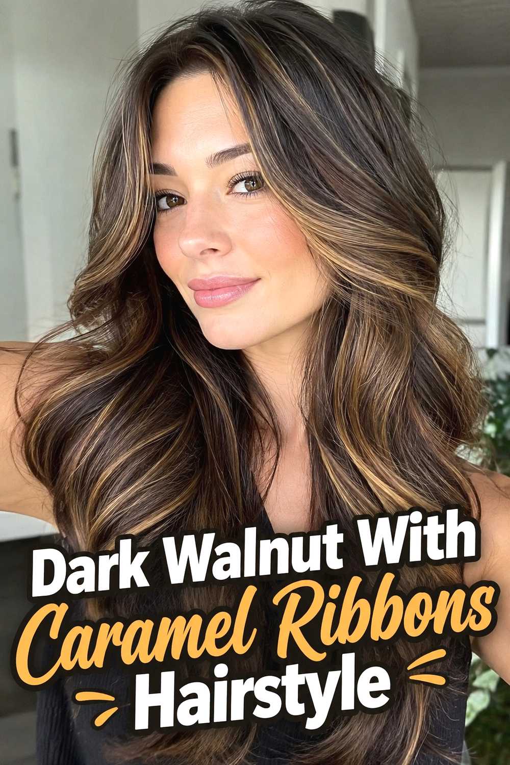 15. Dark Walnut With Caramel Ribbons Hairstyle
