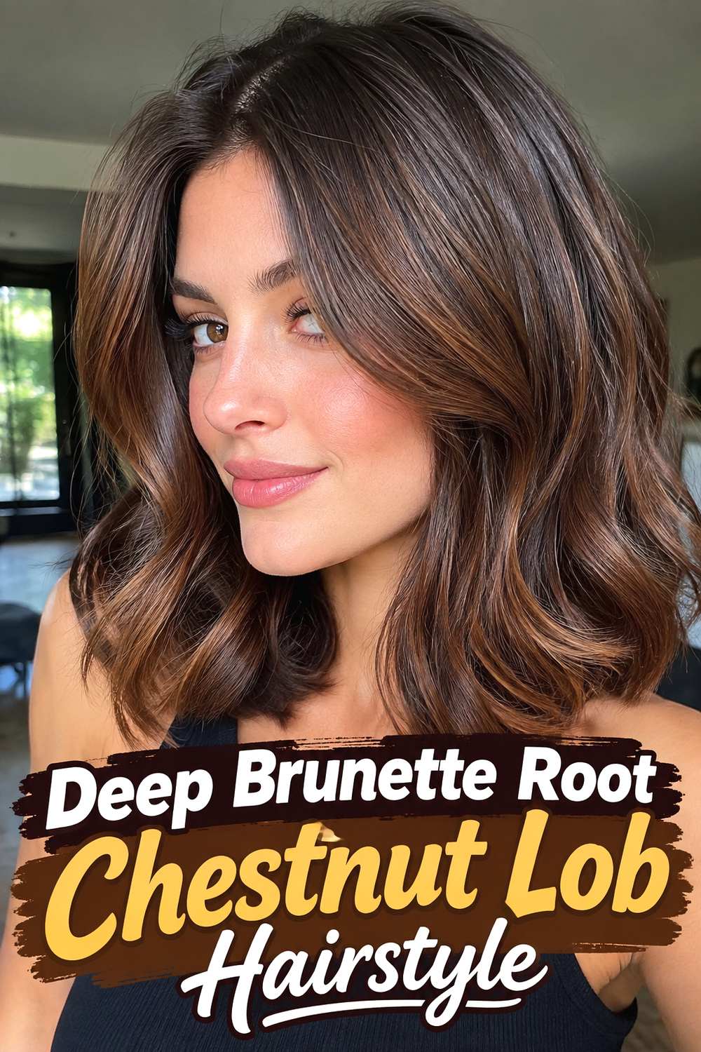 Deep Brunette Root Chestnut Lob Hairstyle
