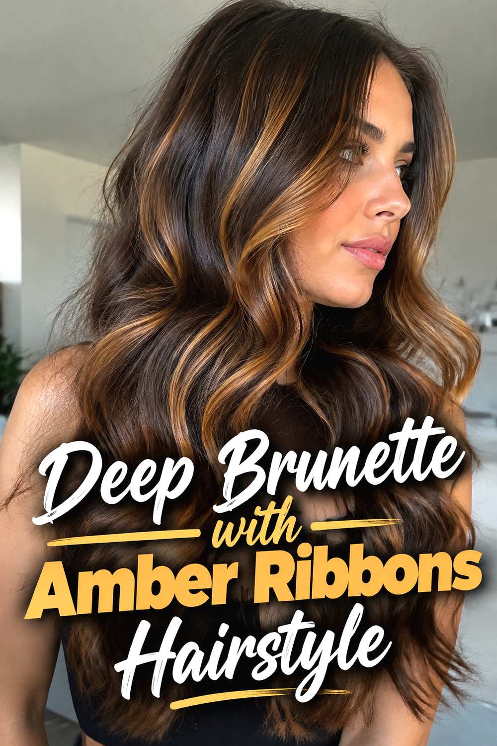 Deep Brunette with Amber Ribbons Hairstyle