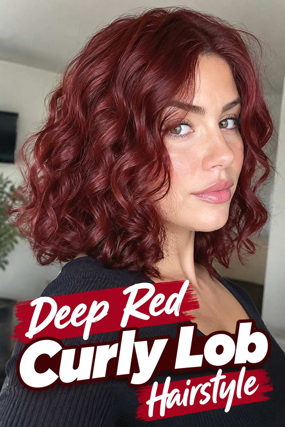 Deep Red Curly Lob Hairstyle