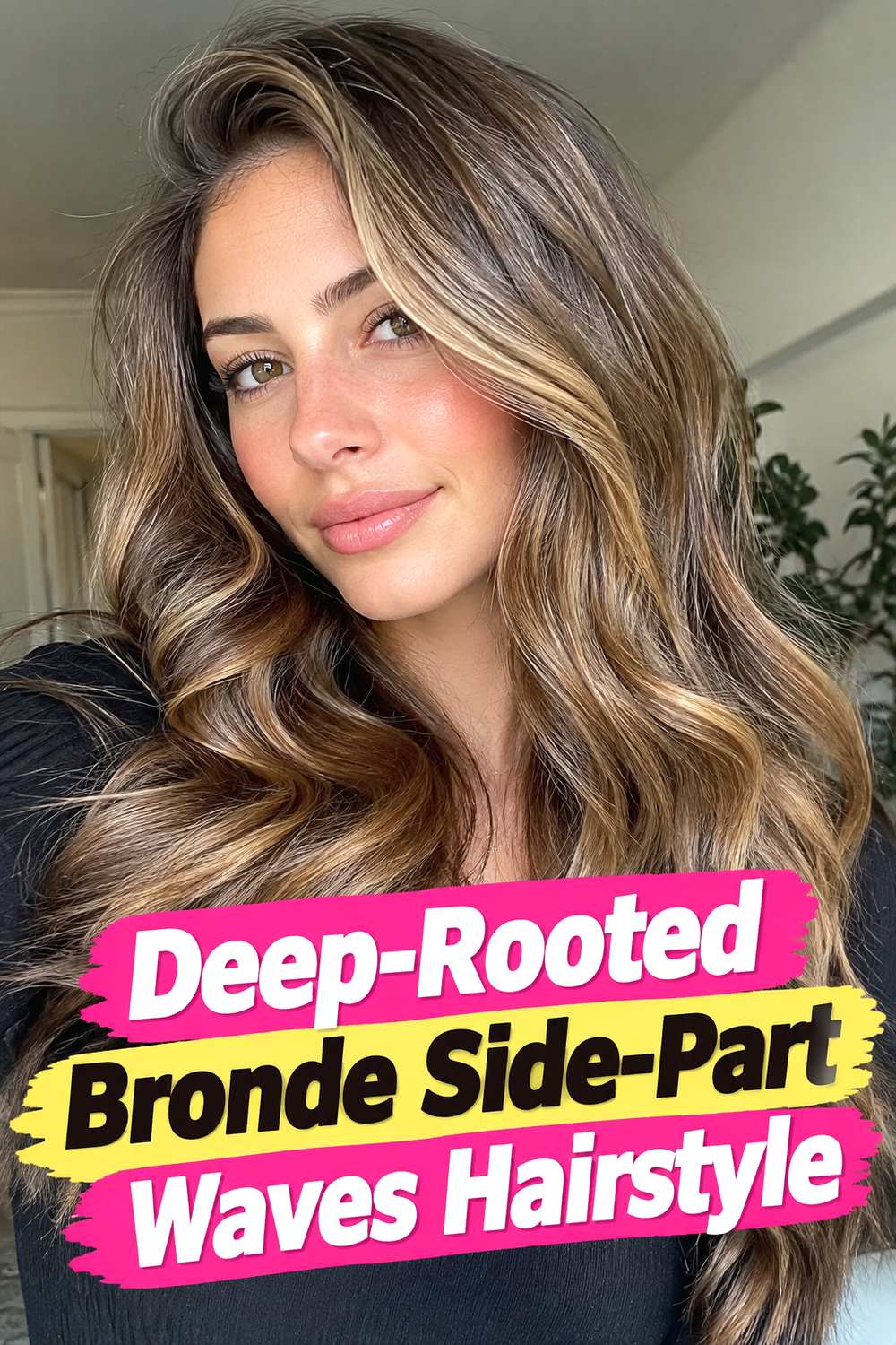 Deep-Rooted Bronde Side-Part Waves Hairstyle