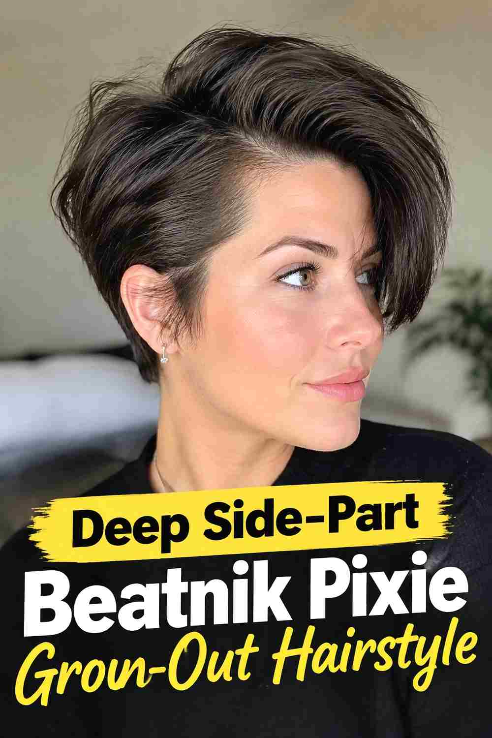 10. Deep Side Part Beatnik Pixie Grow Out Hairstyle