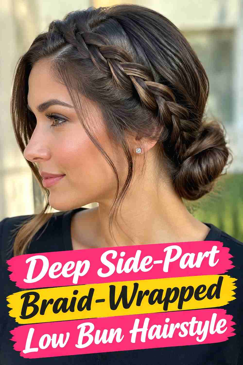 3. Deep Side Part Braid Wrapped Low Bun Hairstyle
