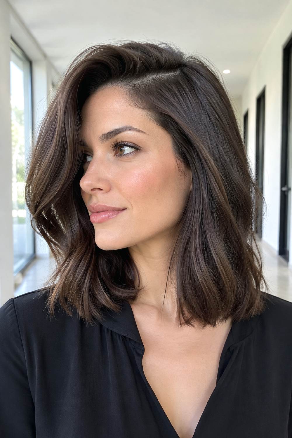 Deep Side-Part Collarbone Lob Hairstyle