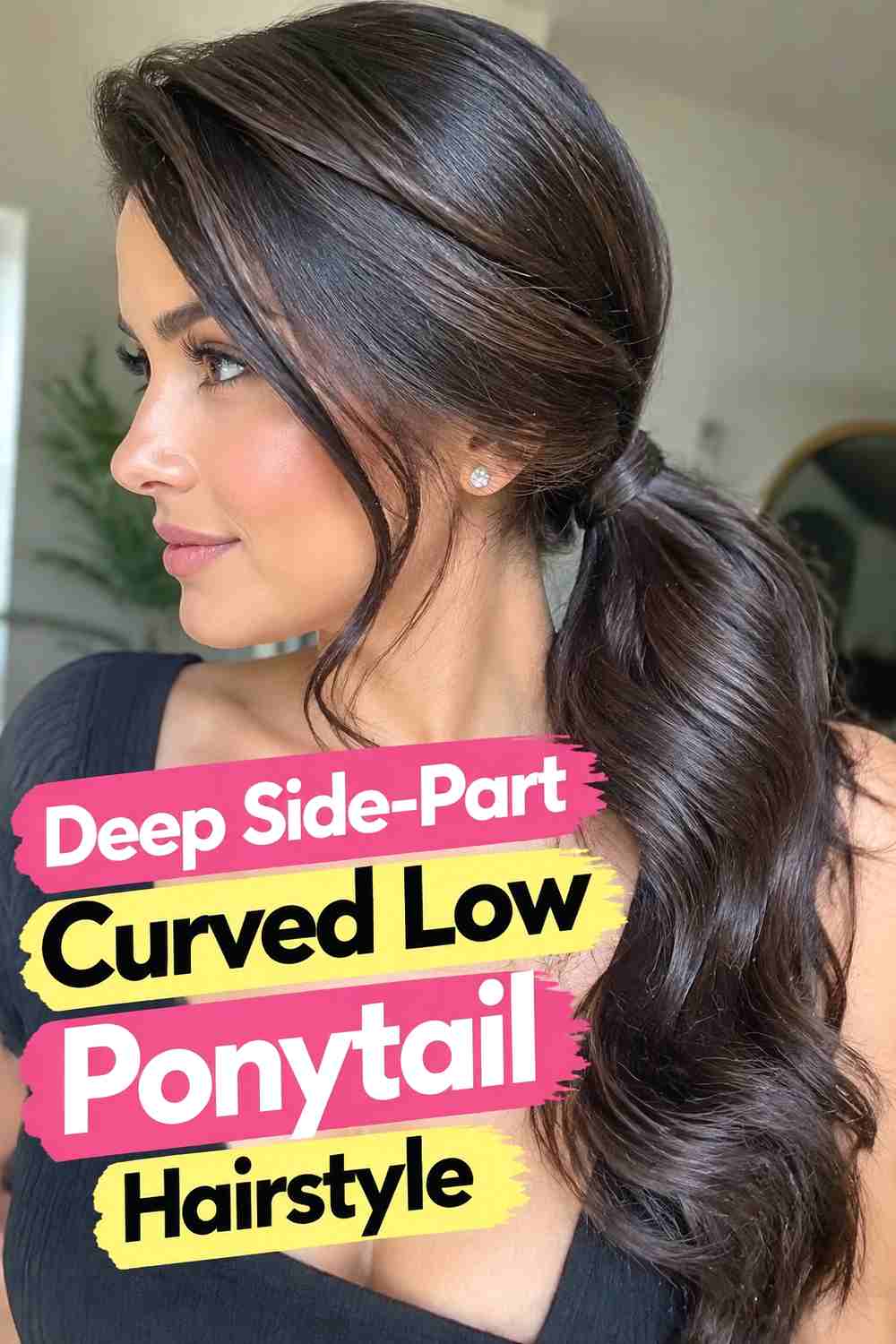 2. Deep Side Part Curved Low Ponytail Hairstyle