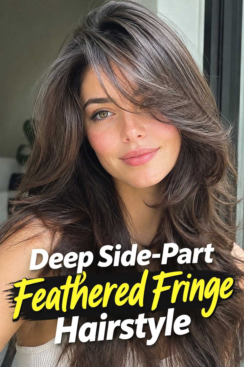 15. Deep Side Part Feathered Fringe Hairstyle