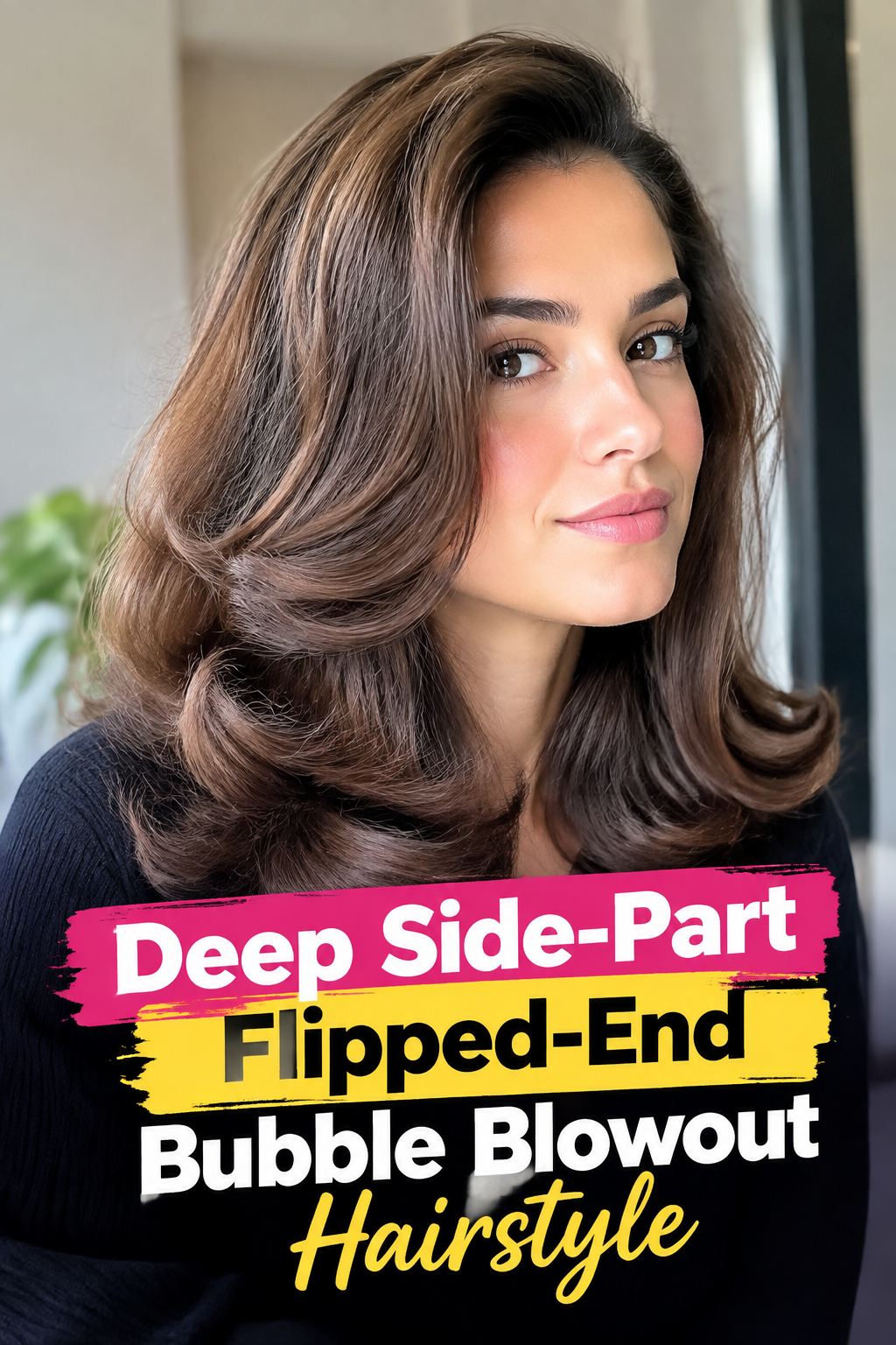 Deep Side-Part Flipped-End Bubble Blowout Hairstyle