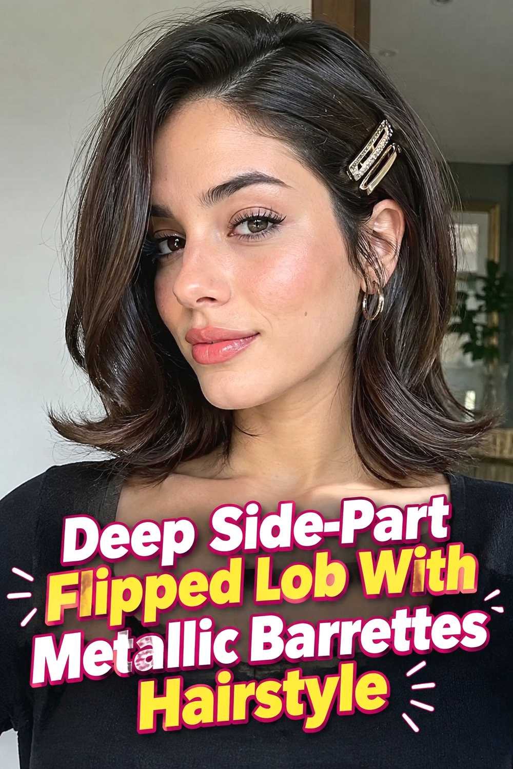 2. Deep Side Part Flipped Lob With Metallic Barrettes Hairstyle