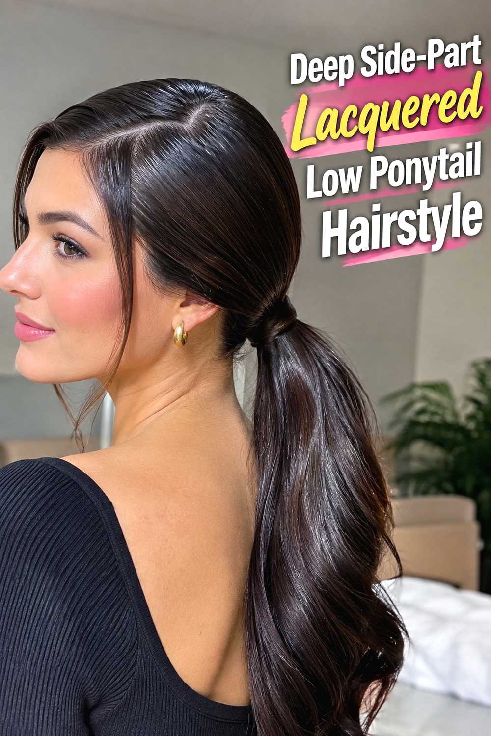 2. Deep Side Part Lacquered Low Ponytail Hairstyle
