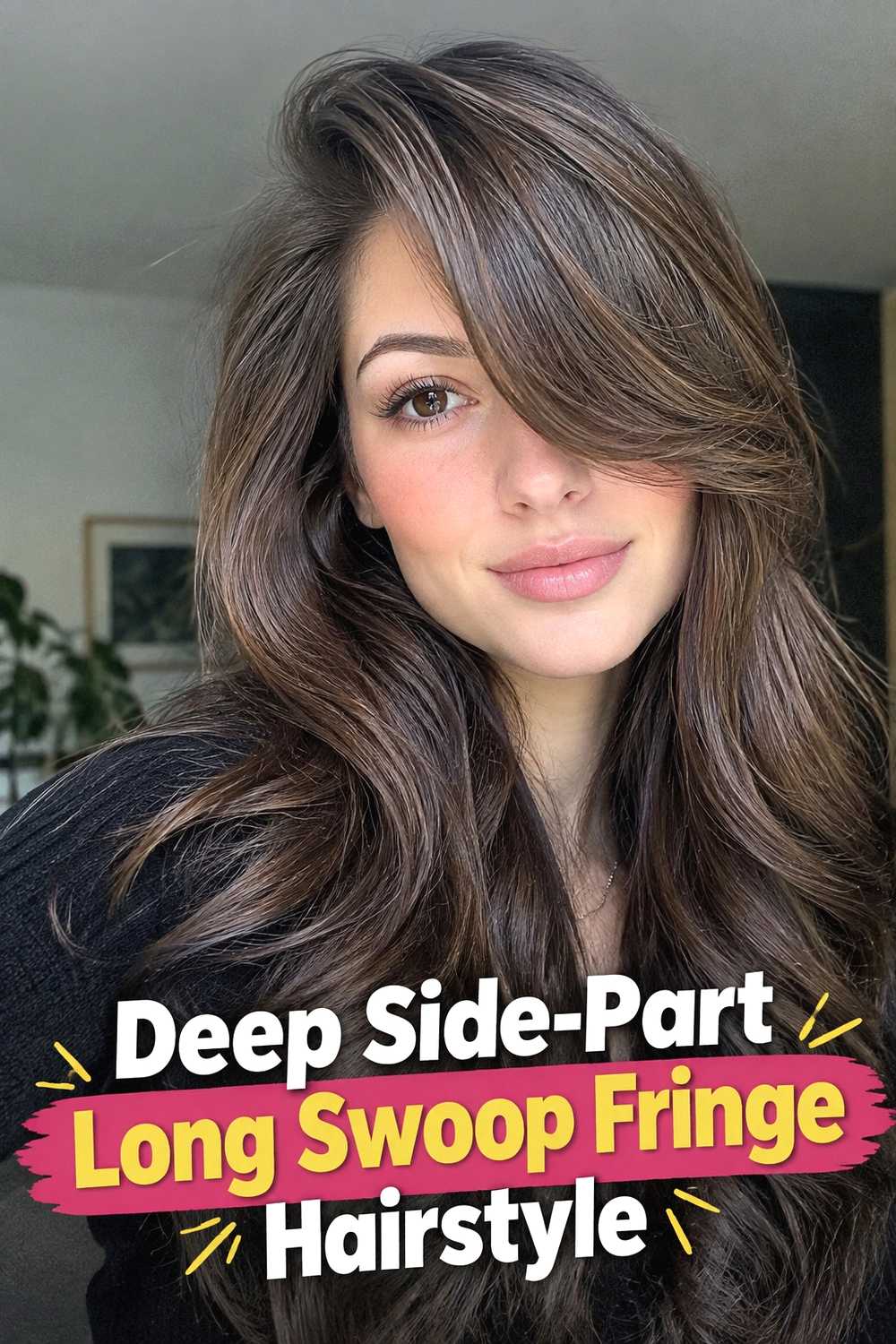 11. Deep Side Part Long Swoop Fringe Hairstyle