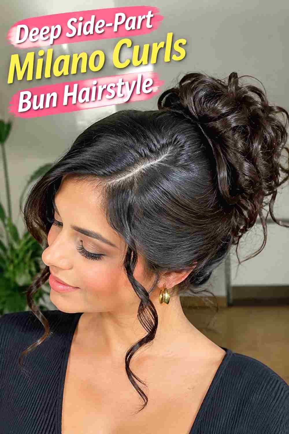 7. Deep Side Part Milano Curls Bun Hairstyle
